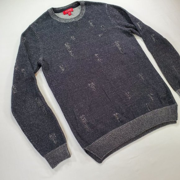 Guess Sweater Men Large Black Tight Knit Slim Oversized Tattered Look Split Hem - Picture 5 of 16